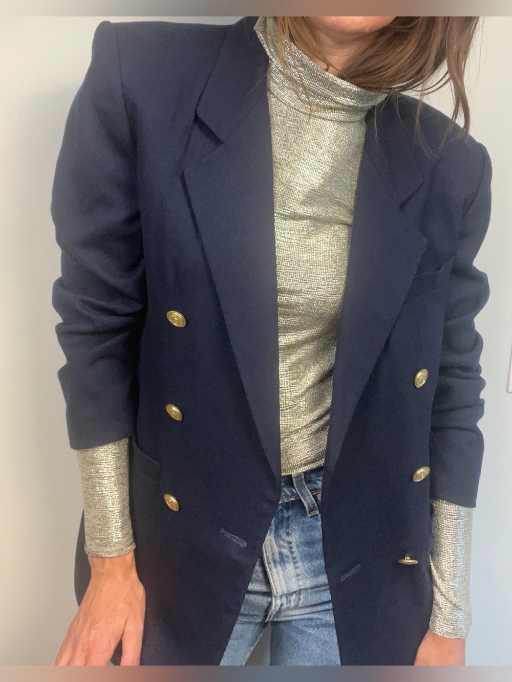 Vintage 90s Liz Claiborne Navy Wool Blazer – Double-Breasted Gold Buttons – 8 - Picture 12 of 13